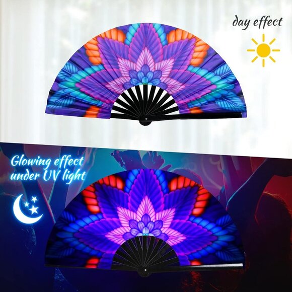 Folding Hand Fan for Rave, UV Glow Fan, Large Bamboo Fan for Drag Queen, Women a - Picture 5 of 8